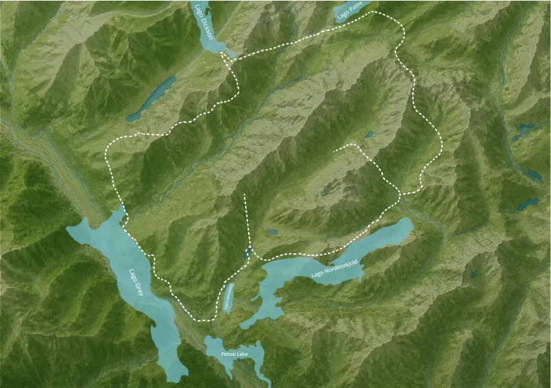 W Trek route map across Torres del Paine
