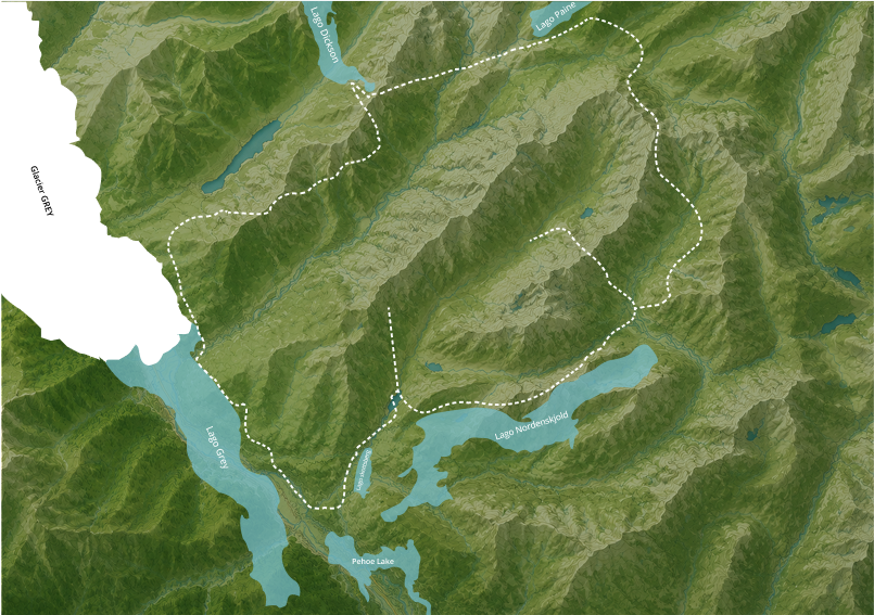 W Trek route map across Torres del Paine