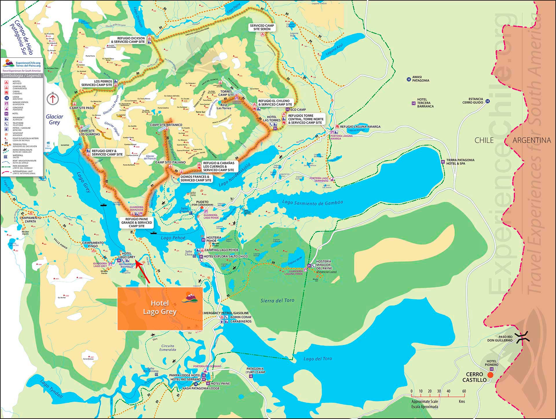 Torres del Paine W Trek and Circuit Trekking Trail Map