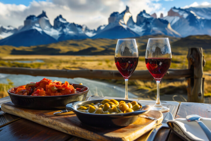 Traditional Chilean Food Served With Glasses Of Red Wine On An Outdoor Table Overlooking The Dramatic Peaks Of Torres Del Paine