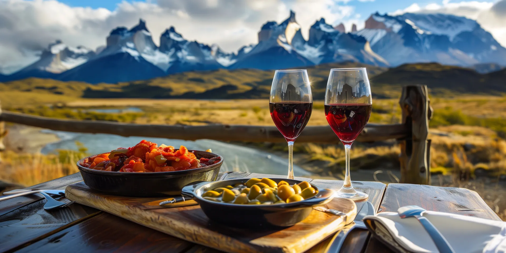 Traditional Chilean Food Served With Glasses Of Red Wine On An Outdoor Table Overlooking The Dramatic Peaks Of Torres Del Paine